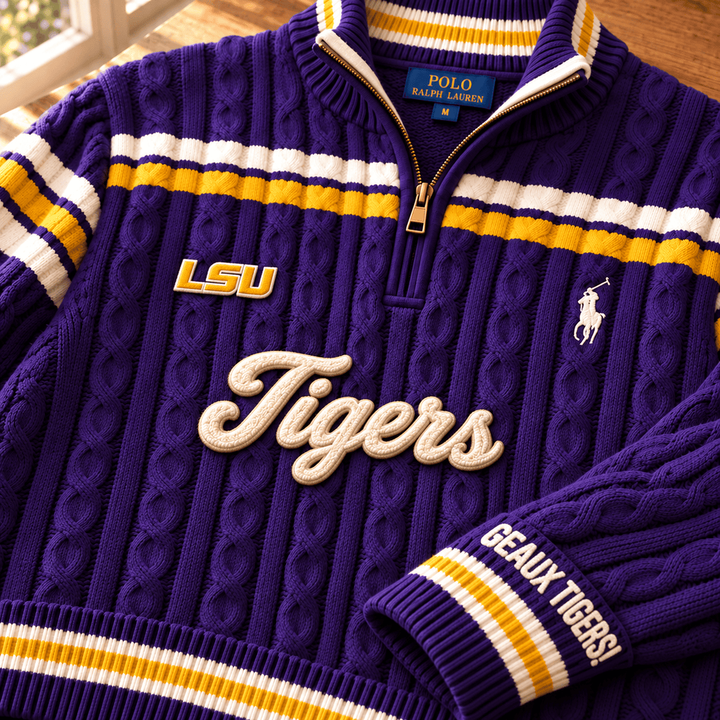 LSUT PREMIUM Varsity Cable-Knit Quarter-Zip Sweater NHVH